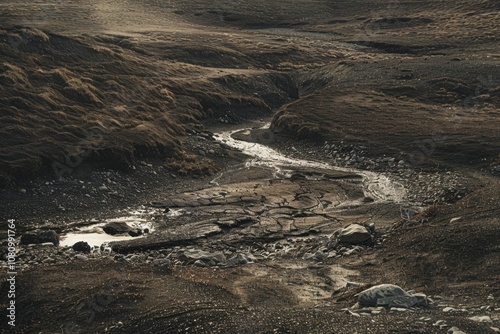 Driedup riverbed in earth tones representing water scarcity photo