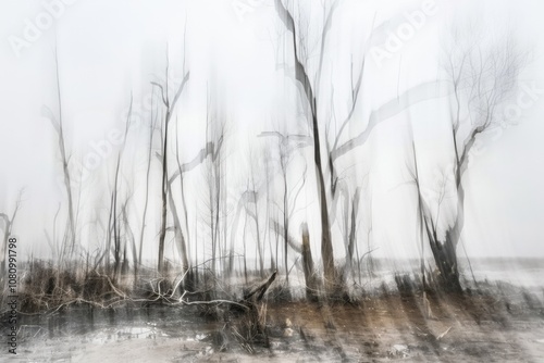 Ghostly dead trees reflecting habitat loss in a forest photo