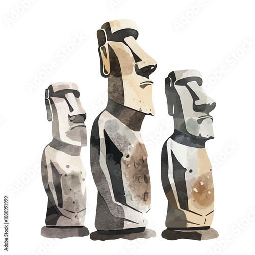A watercolor painting of Moai Statues, isolated on a white background. Moai Statues vector.