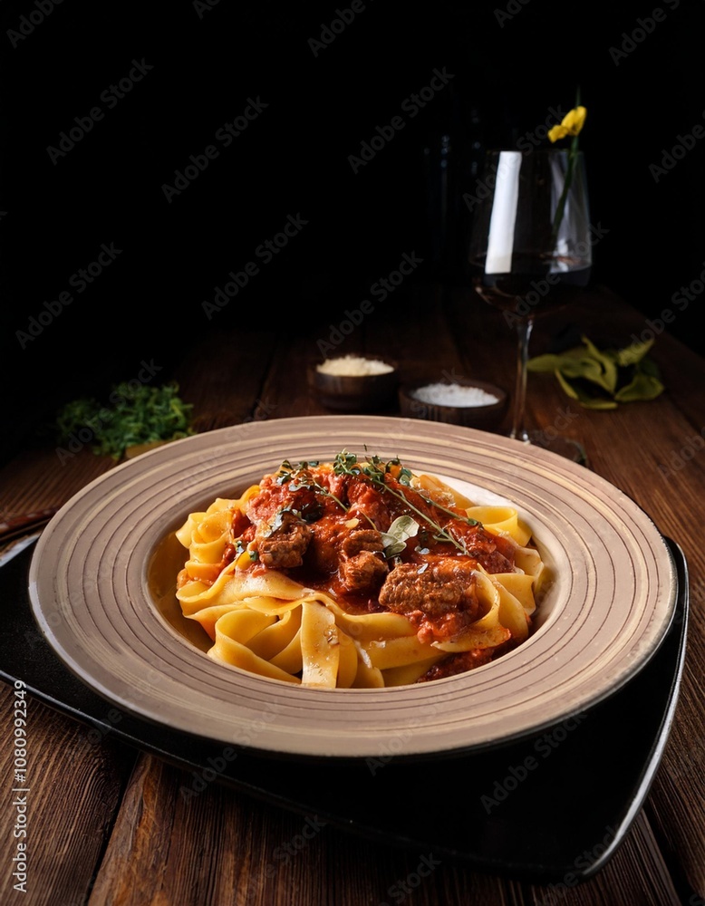 Fototapeta premium Pappardelle Al Cinghiale Wild Boar Ragu Pasta with Rich Tomato Sauce, Captured in Dramatic Low Lighting for a Rustic, Authentic Italian Dining Experience