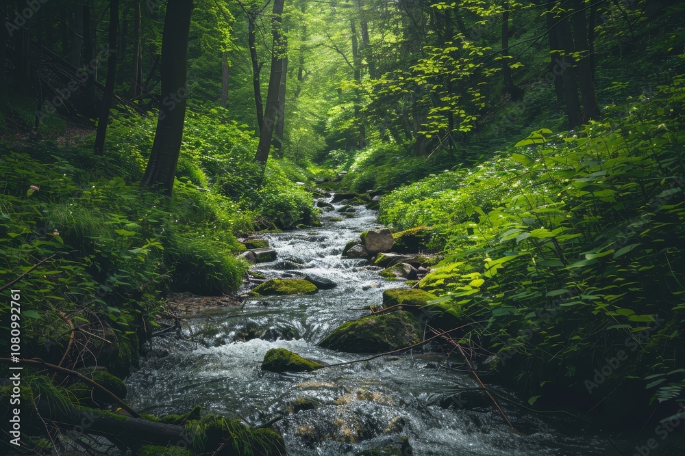 A tranquil forest stream flows through a dense, verdant forest, creating a serene and peaceful atmosphere A calming forest stream winding its way through a verdant landscape A tranquil forest stream flows through a dense, verdant forest, creating a serene and peaceful atmosphere A calming forest stream winding its way through a verdant landscape