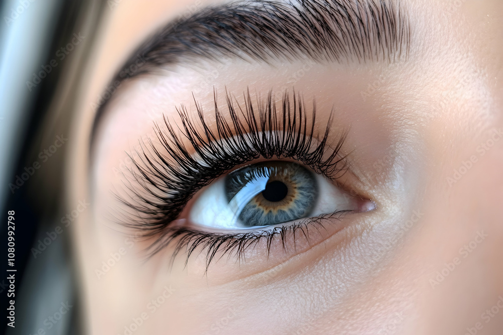 Obraz premium Extreme close-up of a woman's eye with bold lashes, showcasing beauty and cosmetic appeal