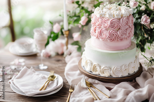 A three-tier wedding cake with detailed floral icing decor and greenery. photo