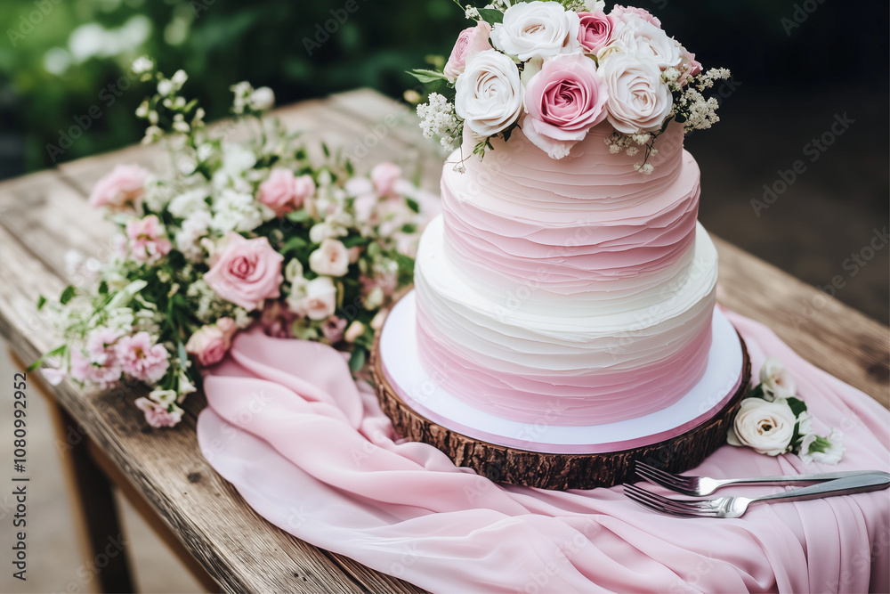 A beautifully decorated cake on a rustic wood table with pink flowers. A beautifully decorated cake on a rustic wood table with pink flowers.