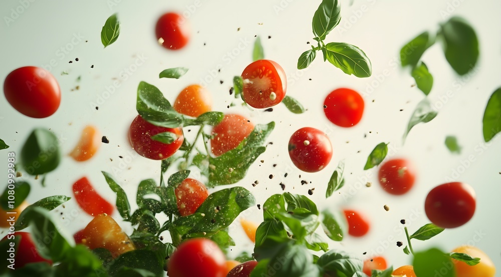 An explosion of fresh vegetables and herbs with cherry tomatoes flying in slow motion, against a white background.