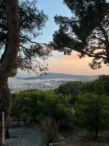 Sunset View city sea Pine Trees Cote d'Azur South of France