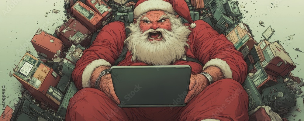 Naklejka premium A digitally illustrated Santa Claus furiously typing on a laptop, surrounded by scattered gifts, reflecting a modern and humorous twist on holiday preparations.