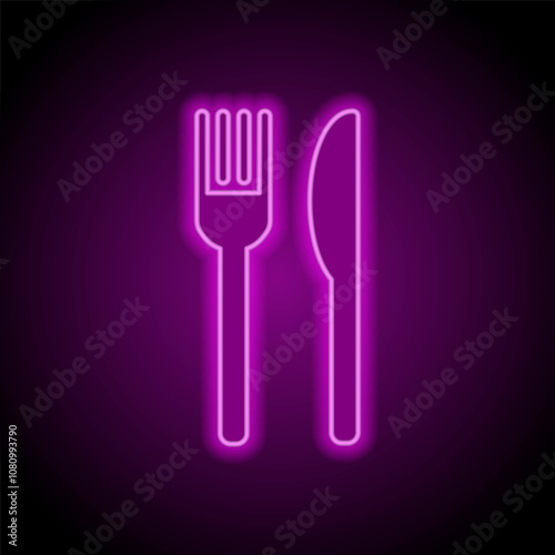 Restaurant, fork knife simple icon. Flat design. Purple neon on black background