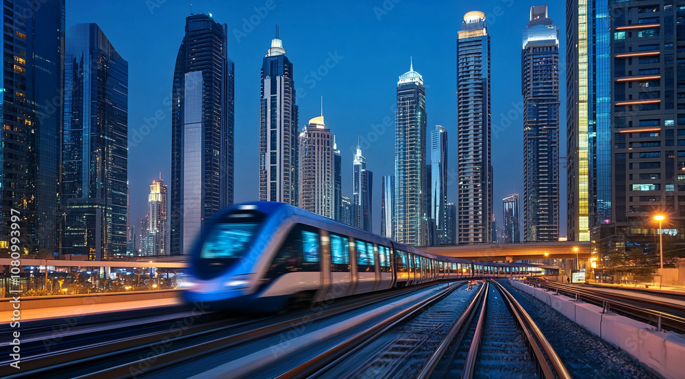 Obraz premium A train speeds through the city of Dubai at dusk, with towering skyscrapers lining the skyline in the background