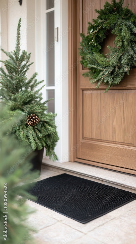 Modern front door adorned with a greenery garland and wreath, framed by pine trees in planters, welcoming visitors to a cozy entrance Modern front door adorned with a greenery garland and wreath, framed by pine trees in planters, welcoming visitors to a cozy entrance