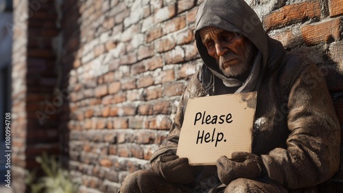 A man is sitting near a brick wall holding a sign that says Please Help. The man is homeless and is begging for assistance. Concept of desperation and the need for help from others
