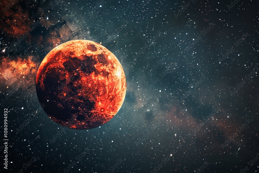 Fototapeta premium A large red moon dominates the center of the image, set against a backdrop of a red sky full of stars A celestial masterpiece featuring a red moon and twinkling stars