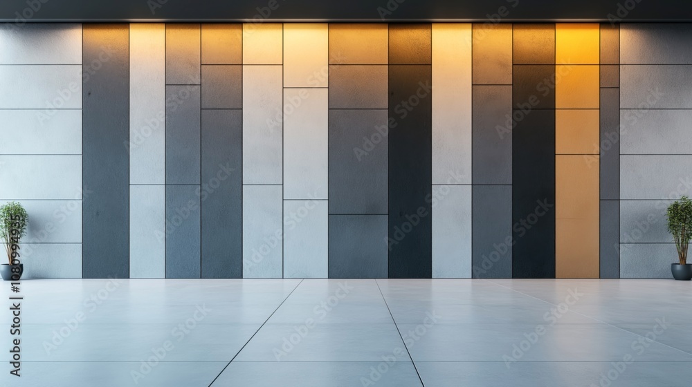 Modern interior with geometric wall design featuring vertical panels in shades of gray and gold, illuminated by soft lighting, with two potted plants on a polished floor. Modern interior with geometric wall design featuring vertical panels in shades of gray and gold, illuminated by soft lighting, with two potted plants on a polished floor.