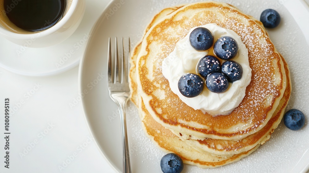 Fluffy pancakes topped with blueberries and Greek yogurt served alongside cappuccino for a simple, delightful breakfast experience Fluffy pancakes topped with blueberries and Greek yogurt served alongside cappuccino for a simple, delightful breakfast experience