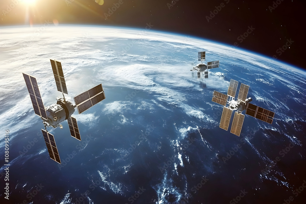 Obraz premium Global Connectivity: Earth with Tech Devices and Planetary Network