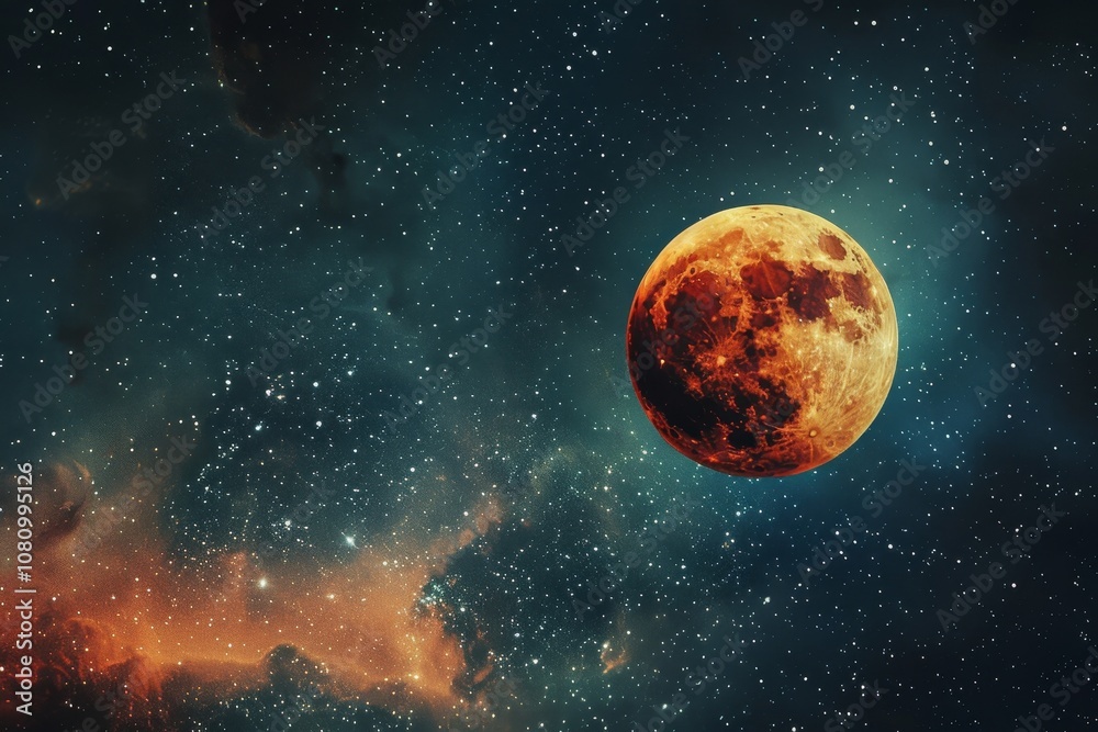 Obraz premium A stunning shot of a blood red moon shining brightly in a dark sky filled with stars and the Milky Way A celestial masterpiece featuring a red moon and twinkling stars