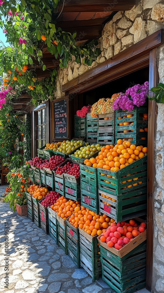 A Colorful Bounty: Fresh Fruits in Wooden Crates at an Outdoor Market A Colorful Bounty: Fresh Fruits in Wooden Crates at an Outdoor Market