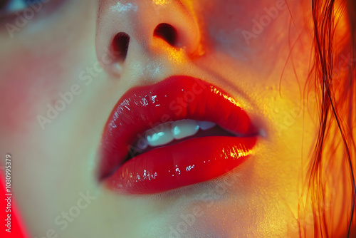 Glossy red lips slightly parted in an inviting close-up, highlighting beauty and cosmetic appeal