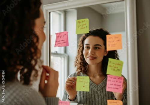 Woman sticking colorful adhesive notes with positive affirmations and goals on a mirror, visualizing future achievements photo