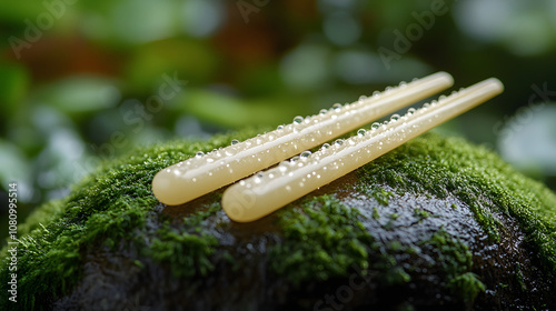 Exquisite Close-up of White Jade Chopsticks on a Moss-Covered Stone with Dew Drops photo