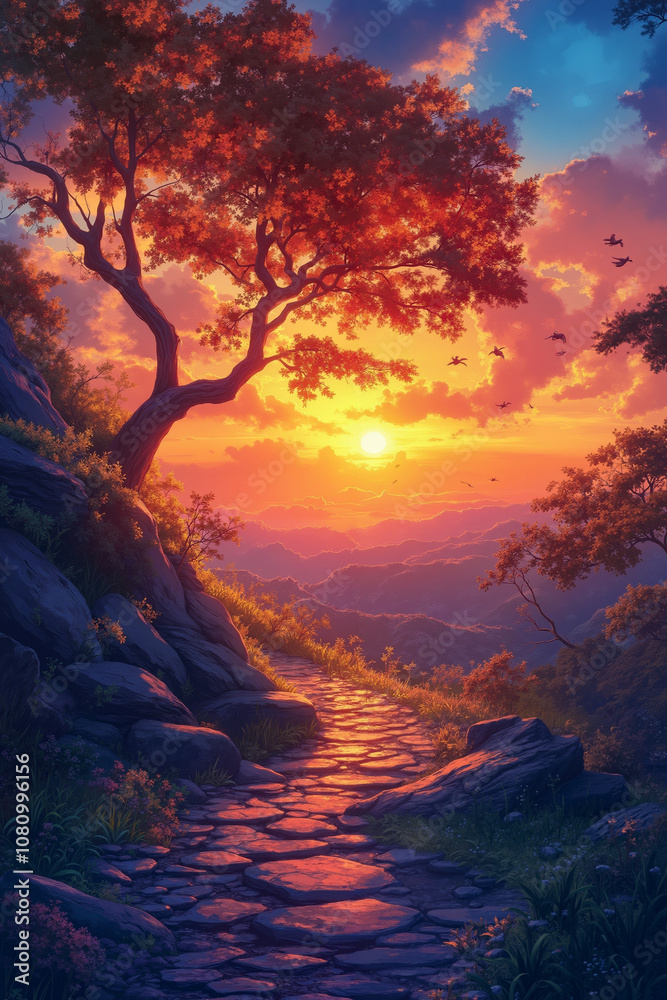 Fototapeta premium A painting of a path leading to a tree in the middle of a forest