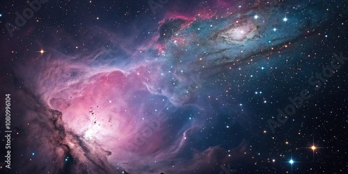 Ethereal, glowing clouds of gas and dust in a distant galaxy with shades of pink and blue, starry night, nebula