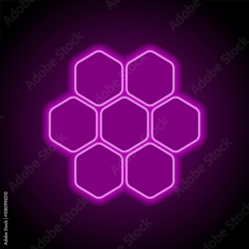 Honeycomb simple icon vector. Flat design. Purple neon on black background