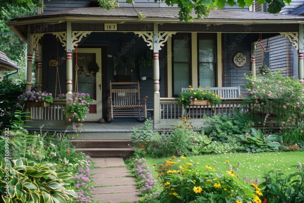 A picturesque bungalow with a front porch swing surrounded by a vibrant garden in full bloom during a sunny summer day A charming bungalow with a front porch swing and blooming flower beds