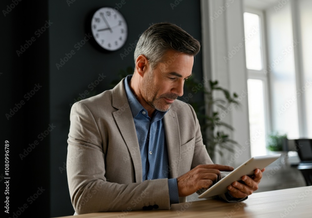 Mature professional working on tablet, managing business tasks in contemporary workspace Mature professional working on tablet, managing business tasks in contemporary workspace