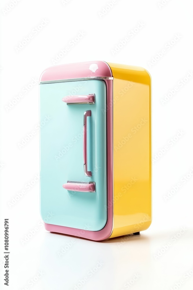 Retro mini fridge in pink, blue, and yellow. Retro mini fridge in pink, blue, and yellow.
