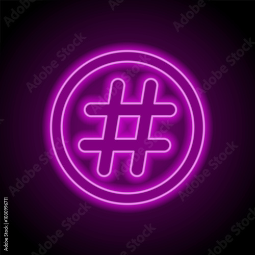 Hashtag simple icon vector. Flat design. Purple neon on black background