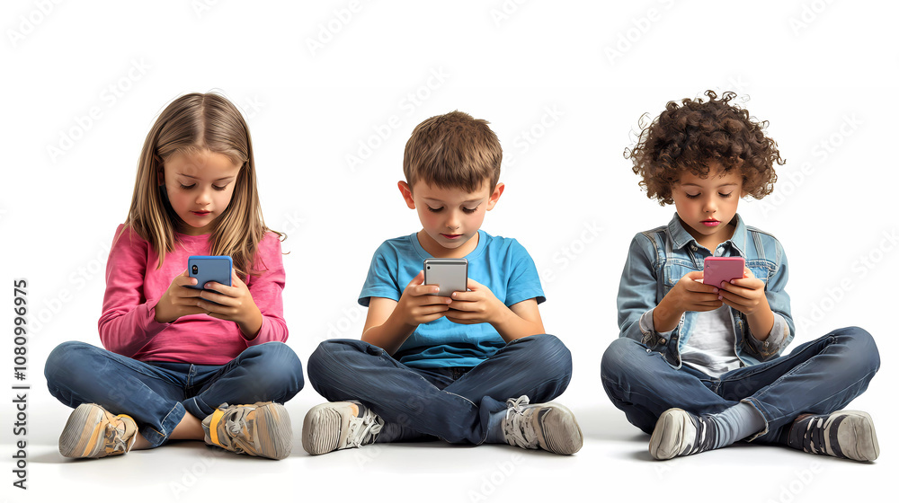 children sitting on the floor using mobile phones. white background children sitting on the floor using mobile phones. white background