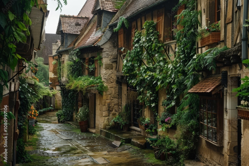 A picturesque view of a charming European village street with cobblestone path and stone buildings A charming European village with cobblestone streets and ivy-covered buildings A picturesque view of a charming European village street with cobblestone path and stone buildings A charming European village with cobblestone streets and ivy-covered buildings