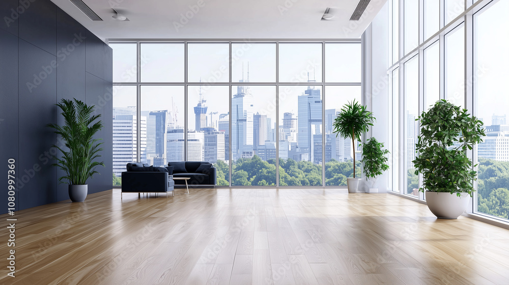 Spacious Luxury Apartment Interior With Stunning City Skyline Views and Abundant Natural Light in a Modern Setting