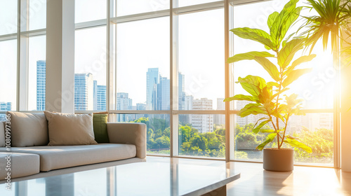 Obraz na płótnie Luxurious Urban Apartment With Panoramic City Views and Abundant Natural Light in a Spacious Modern Setting w salonie