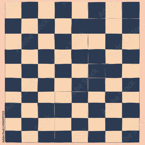 Textile design with a trendy pattern of chessboard squares in warm beige and dark blue on a light pink backdrop, perfect for wallpaper, card design, and banners.