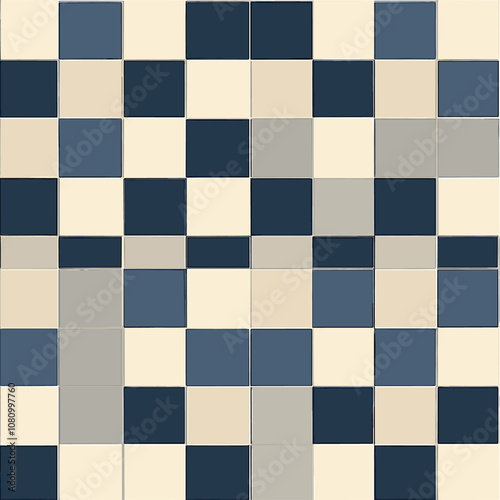 Chessboard pattern on a warm beige backdrop, with alternating deep blue and light gray squares, trendy pattern for textile design, wallpaper, card design, and banners, modern decor.