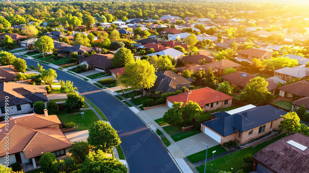 Aerial View of a Vibrant Suburban Neighborhood on a Sunny Day Showcasing Diverse Houses With For Sale Signs Amidst Lush Greenery