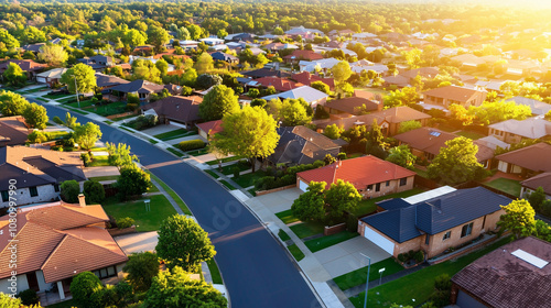 Obraz na płótnie Aerial View of a Vibrant Suburban Neighborhood on a Sunny Day Showcasing Diverse Houses With For Sale Signs Amidst Lush Greenery w salonie