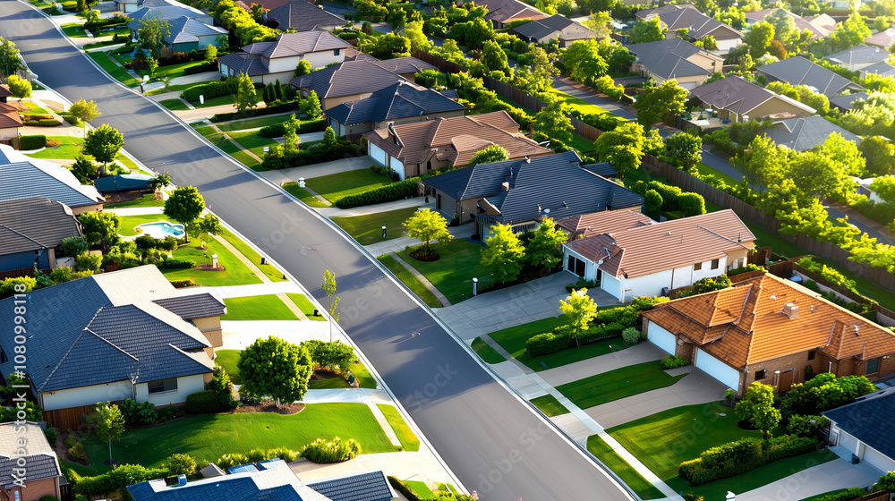 A Vibrant Suburban Neighborhood Bursting With Diverse Homes and For Sale Signs Under a Bright Sunny Sky