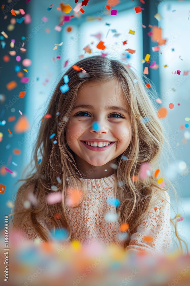 A little girl smiles as she is surrounded by confetti A little girl smiles as she is surrounded by confetti