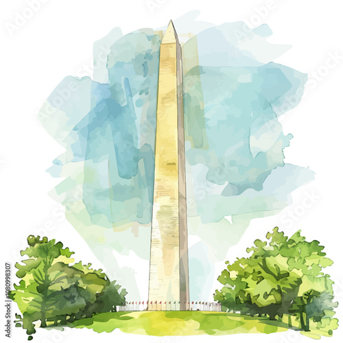 A watercolor vector of the Washington Monument, isolated on a white background. Washington Monument vector.