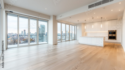 Obraz na płótnie Modern Empty Apartment With Bright Lighting and Sleek Design Ready for New Owners in a Vibrant Urban Setting w salonie