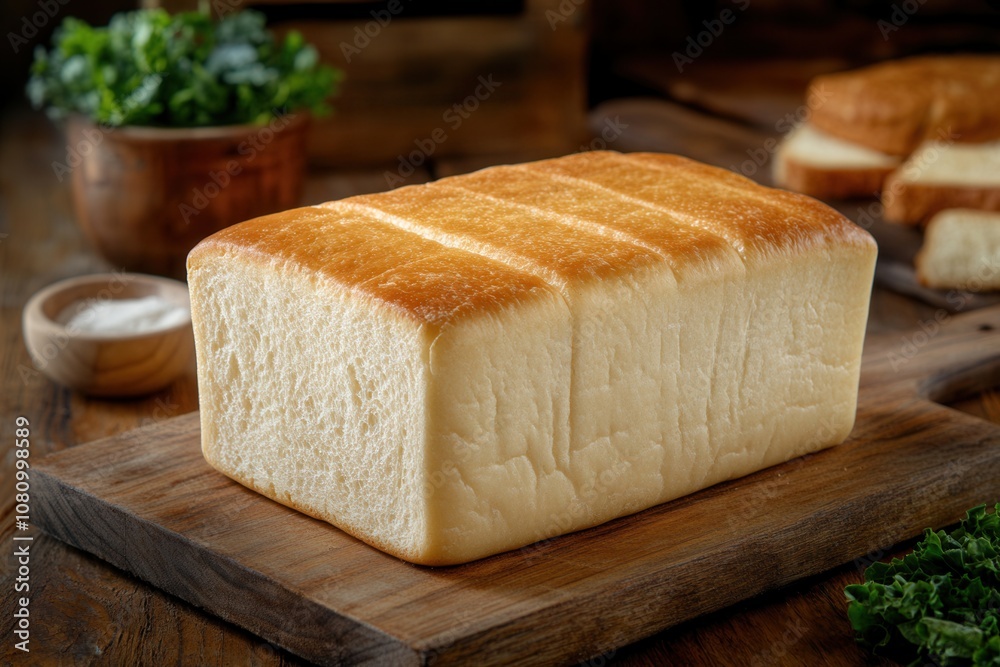 Fresh homemade white bread loaf on wooden cutting board Fresh homemade white bread loaf on wooden cutting board