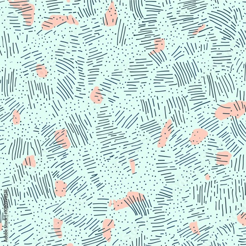 Clusters of hand-drawn lines and dots in pink, coral, and gray on a mint green background, artistic design, trendy pattern, unique wallpaper, creative home decor. photo