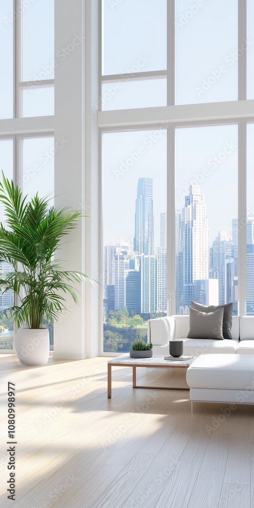 Stunning Luxurious Apartment Interior With Large Windows and City Skyline Views, Designed for Comfort and Elegance