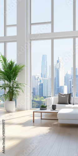 Obraz na płótnie Stunning Luxurious Apartment Interior With Large Windows and City Skyline Views, Designed for Comfort and Elegance w salonie