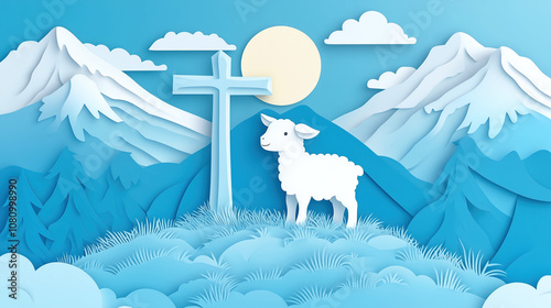 paper cut illustration of Lamb standing next to cross on Calvary hill	 photo