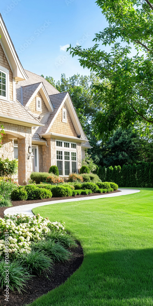 Charming House With Manicured Lawn and for Sale Sign Under a Clear Blue Sky