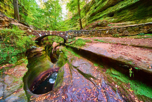 Stone Bridge Over Forest Stream Hocking Hills Eye-Level View